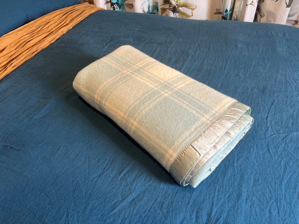 Vintage wool blanket - duck egg blue check