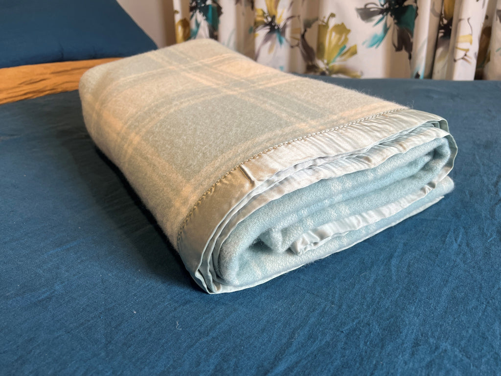 Vintage wool blanket - duck egg blue check